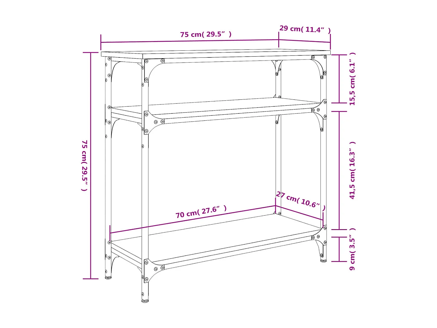 Table console noir 75x29x75 bois d'ingénierie