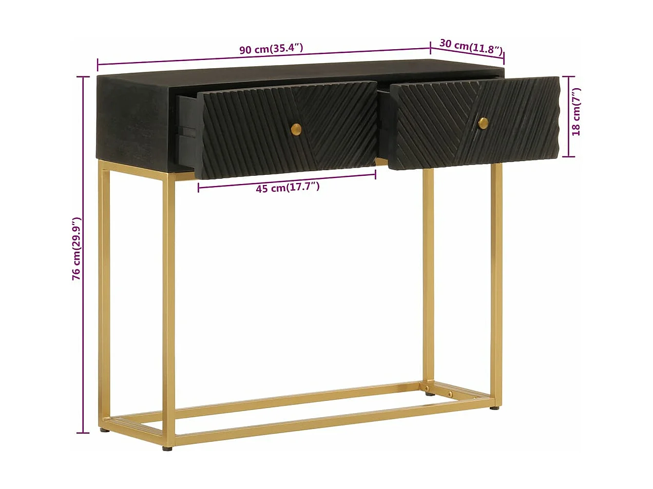 Table console noir 90x30x76 bois massif de manguier et fer