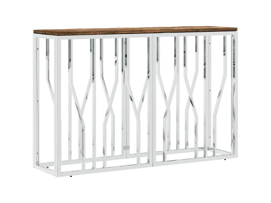 Table console acier inoxydable et bois massif de récupération