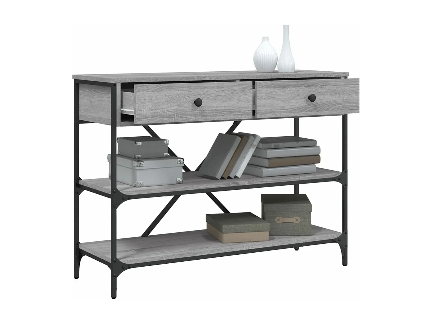 Table console avec tiroirs et étagères gris bois d'ingénierie
