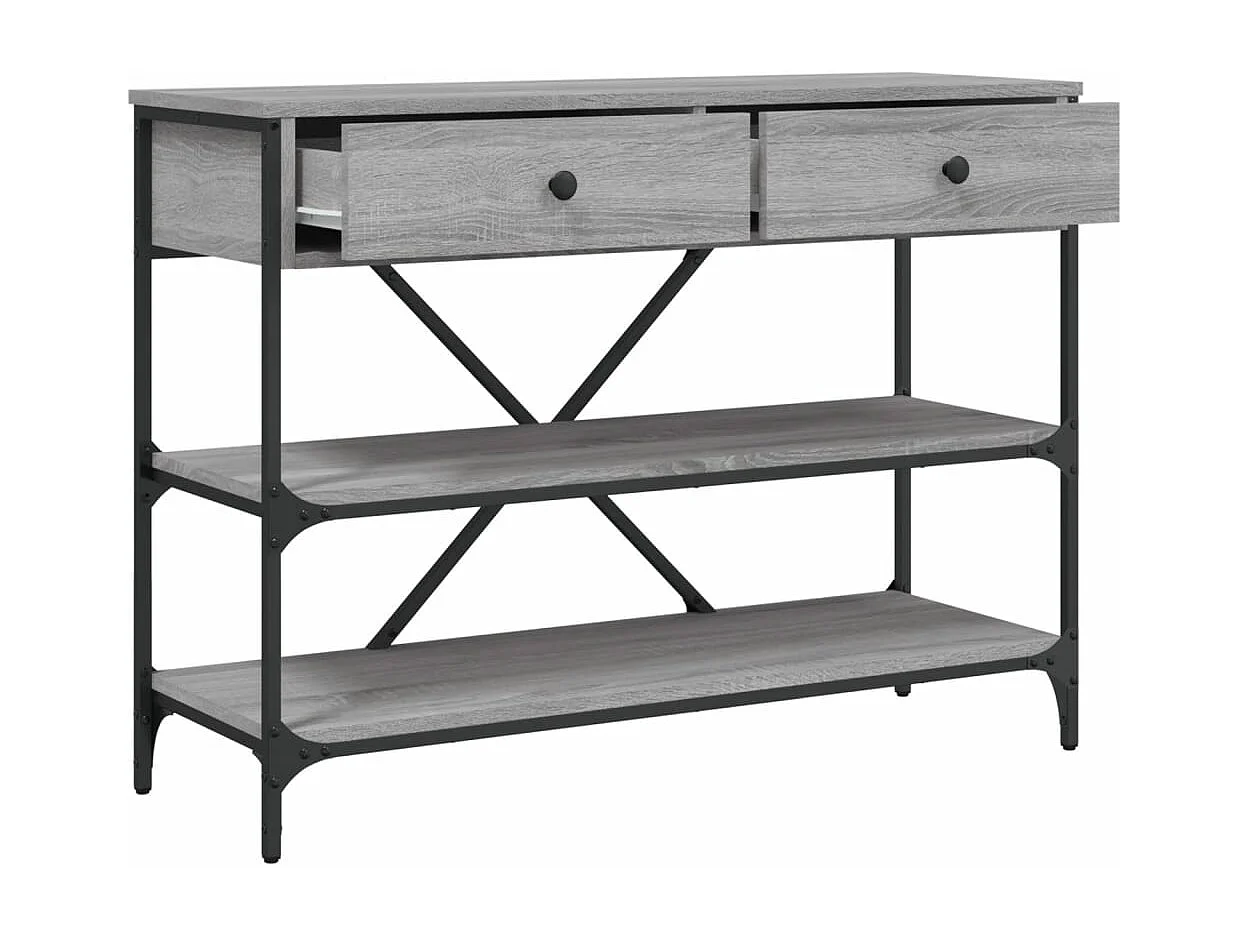 Table console avec tiroirs et étagères gris bois d'ingénierie