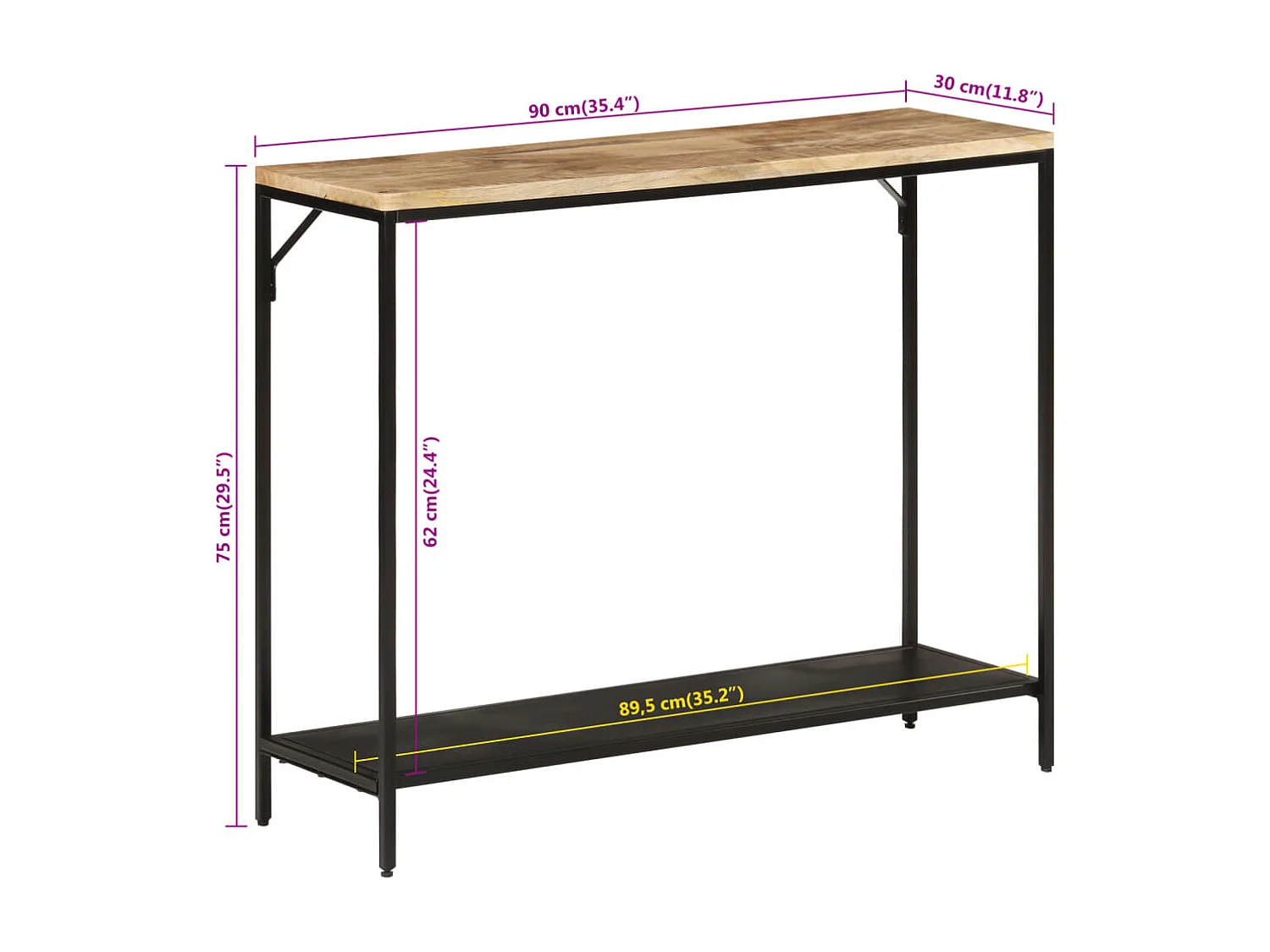 Table console 90x30x75 bois de manguier massif brut et fer