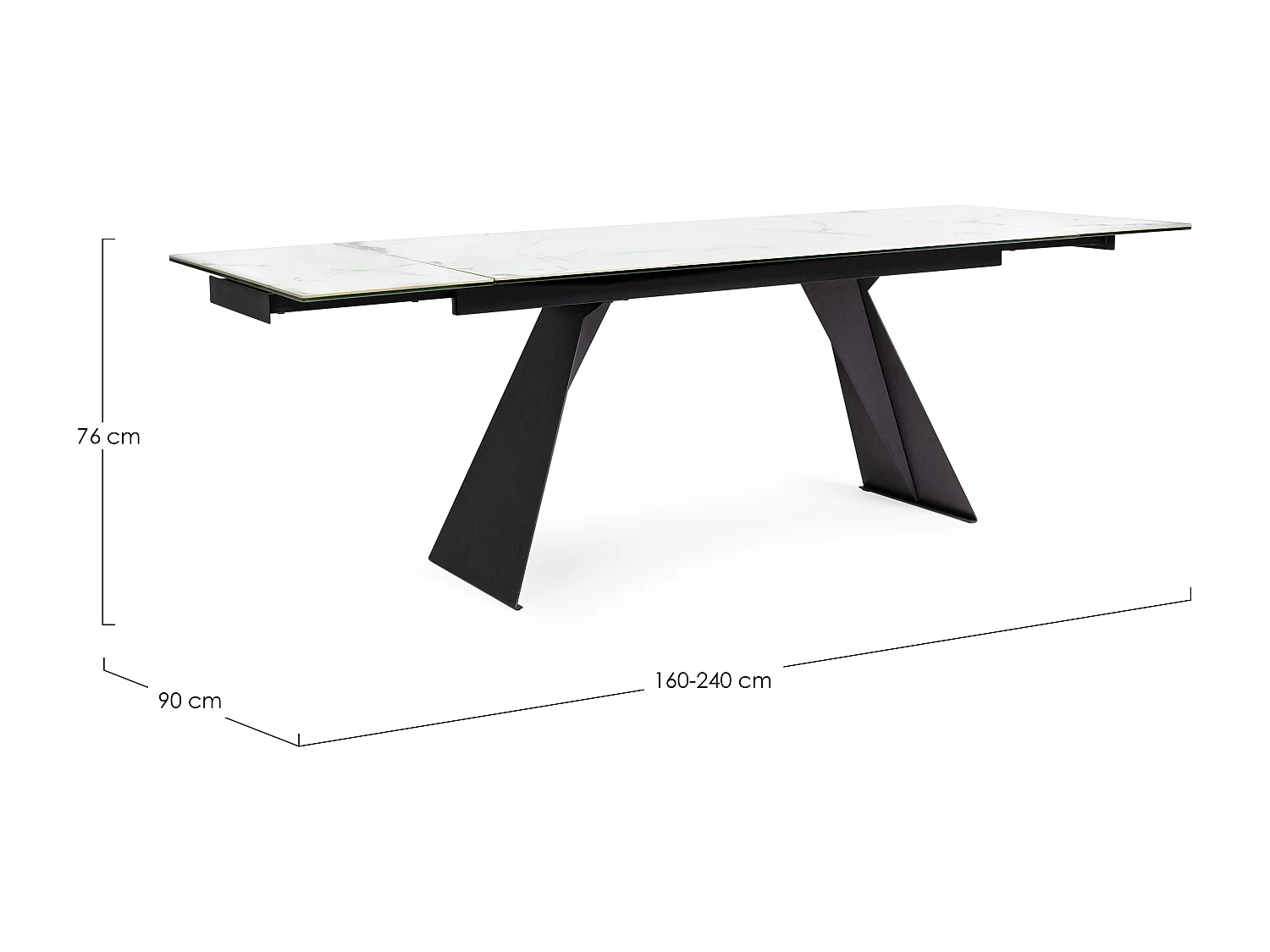 Uitschuifbare tafel 6 tot 12 plaatsen in wit keramiek en zwart staal Bakoa 160/240 cm