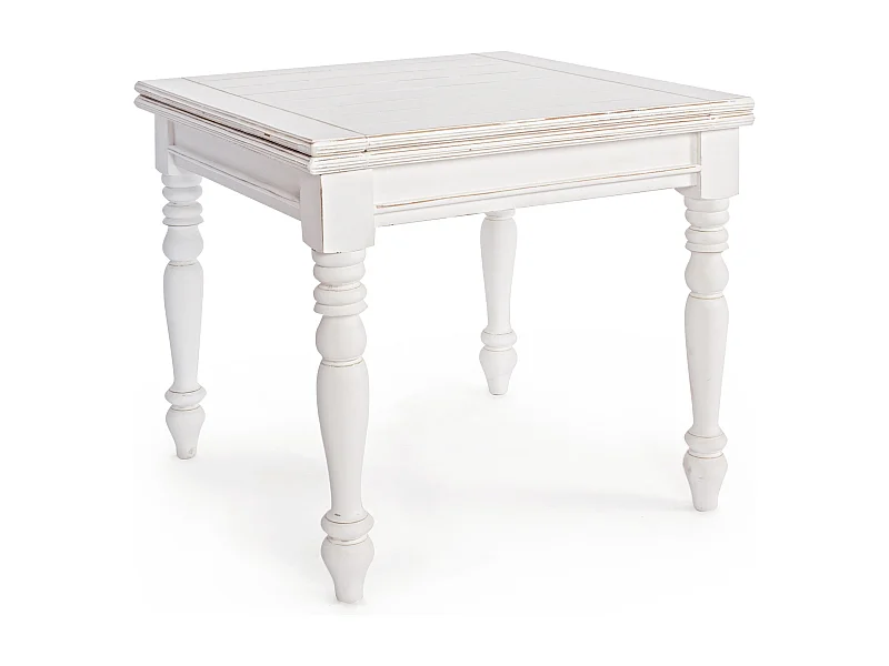 Petite table carrée extensible de 80cm en bois de manguier blanc patiné Kolita 80-160cm