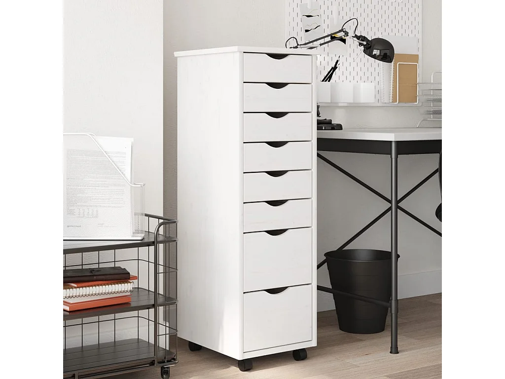 Armoire roulante avec tiroirs MOSS blanc bois de pin solide