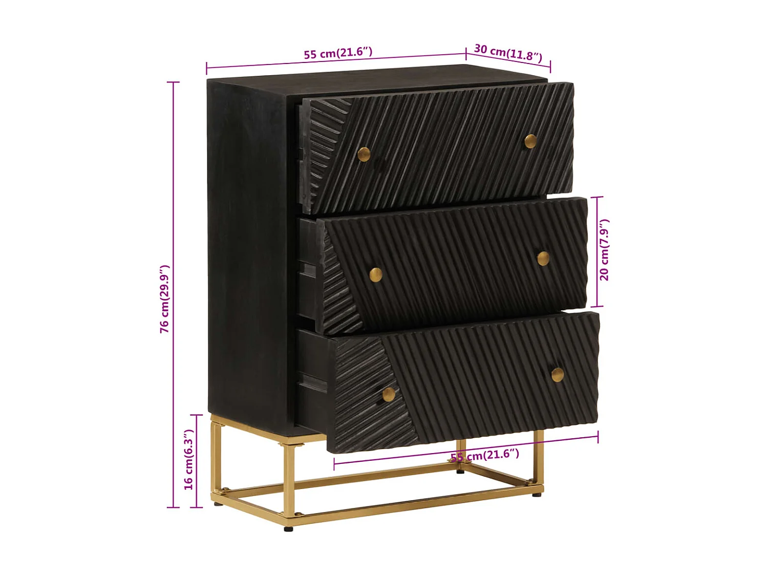 Commode noir 55x30x76 bois massif de manguier et fer