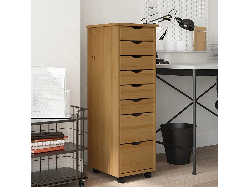 Armoire roulante avec tiroirs MOSS bois de pin marron miel