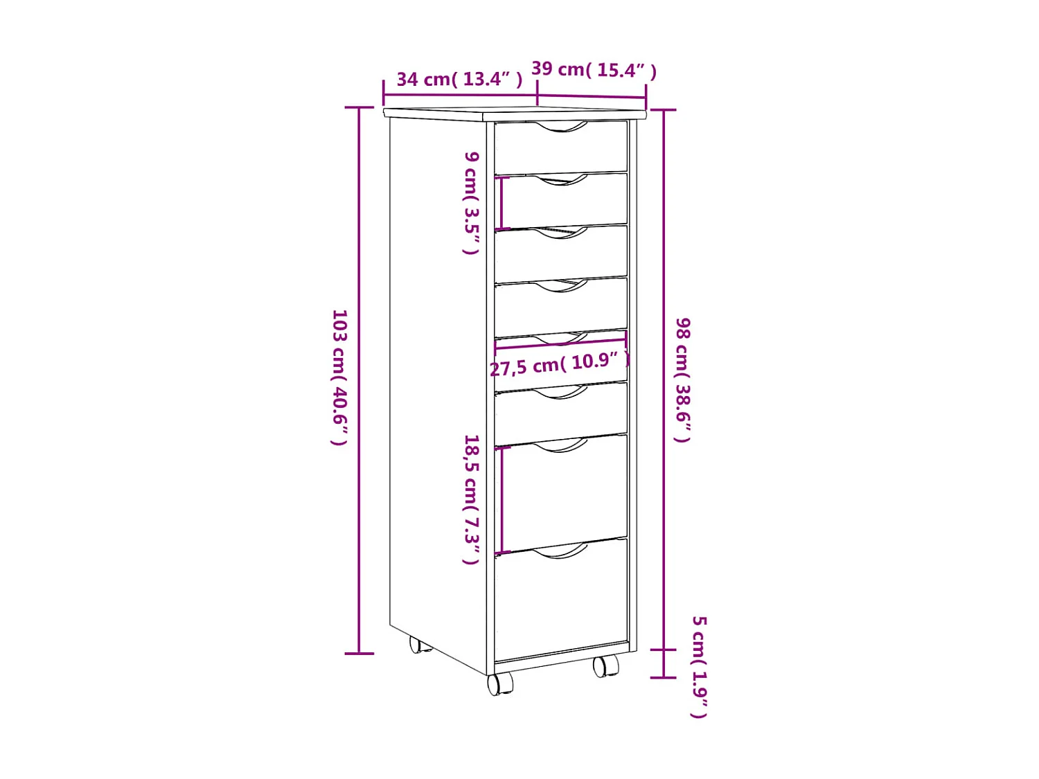 Armoire roulante avec tiroirs MOSS bois de pin marron miel