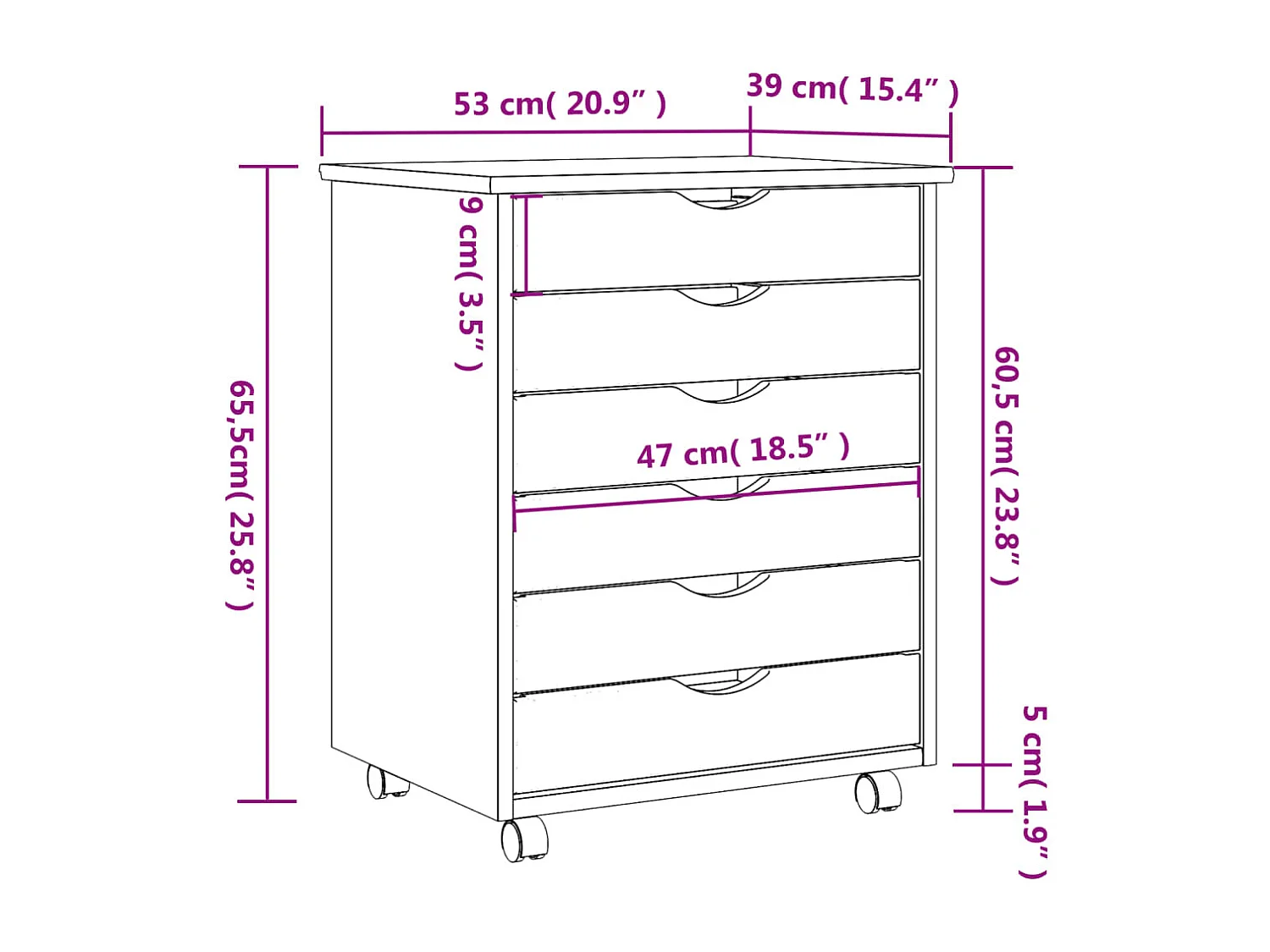 Armoire roulante avec tiroirs MOSS blanc bois de pin solide