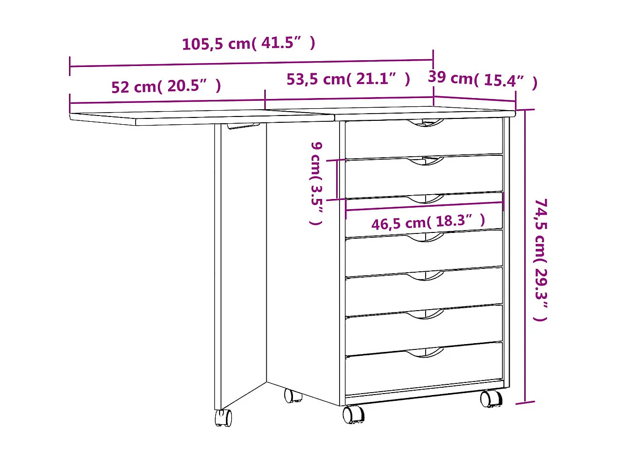 Armoire roulante avec bureau MOSS gris bois de pin solide
