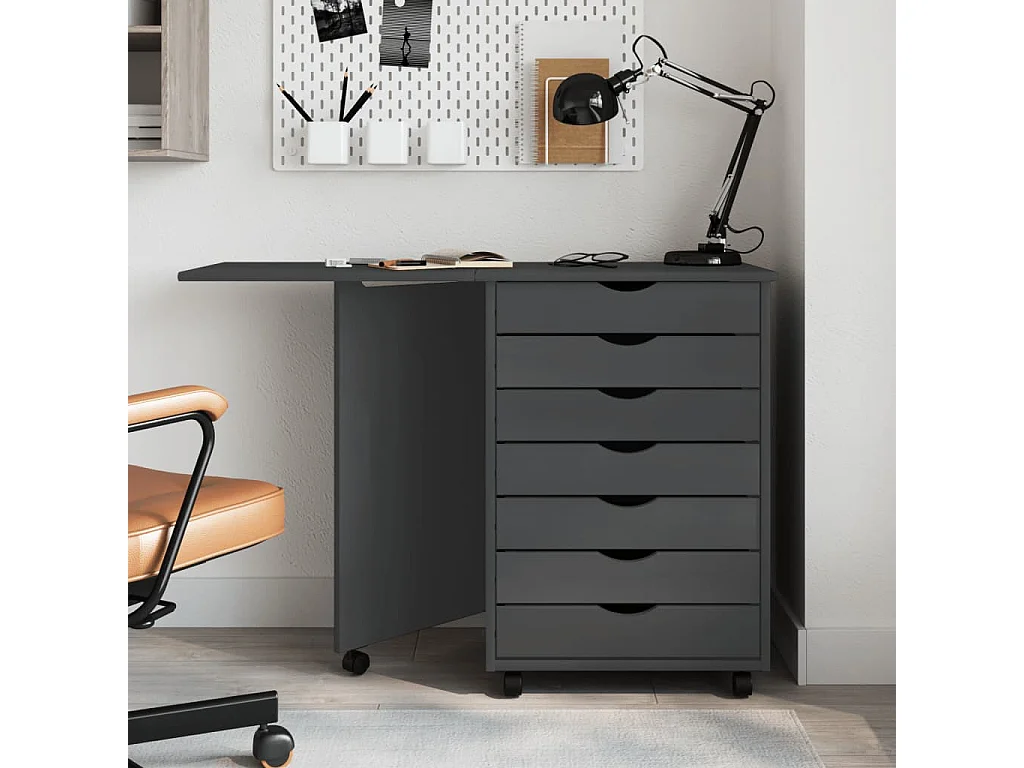 Armoire roulante avec bureau MOSS gris bois de pin solide