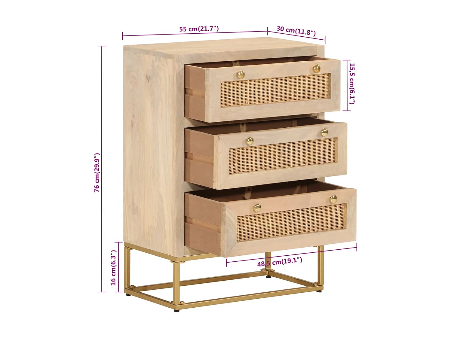 Commode 55x30x76 bois massif de manguier et fer
