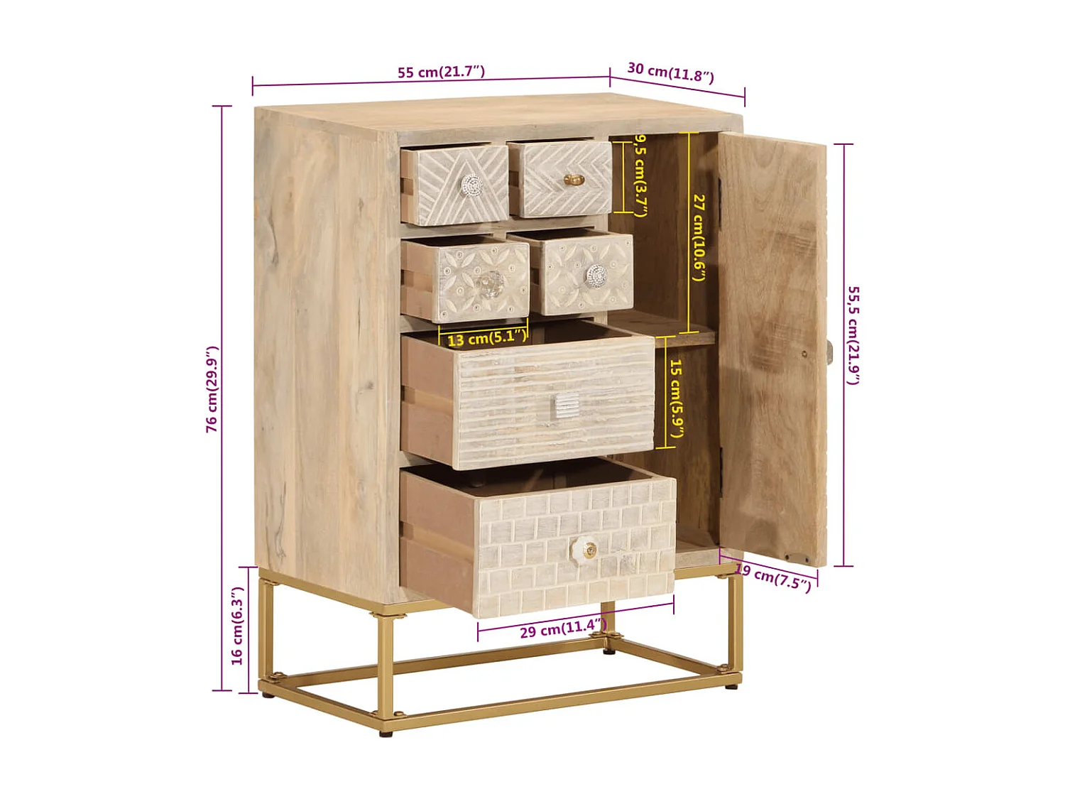 Buffet noir 55x30x76 bois massif de manguier et fer