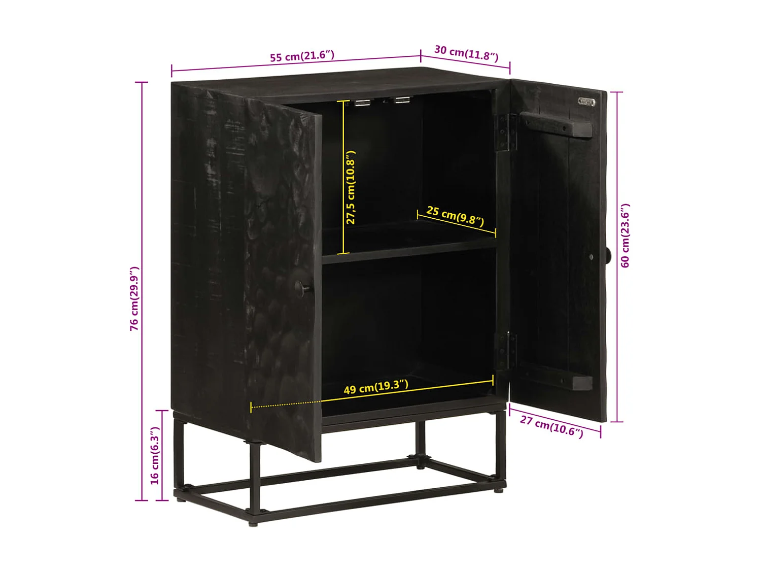 Buffet noir 55x30x76 bois massif de manguier et fer