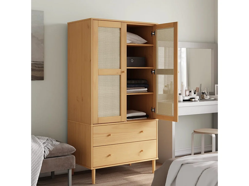 Garde-robe SENJA aspect rotin marron bois massif de pin