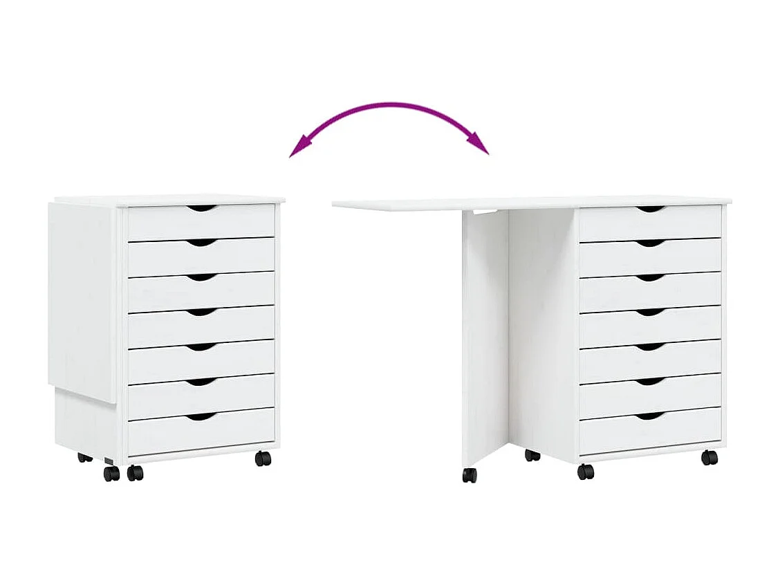 Armoire roulante avec bureau MOSS blanc bois de pin solide