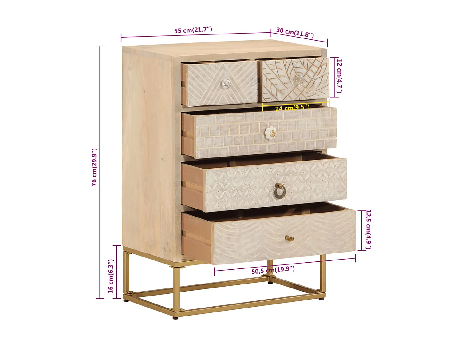 Commode 55x30x76 bois massif de manguier et fer