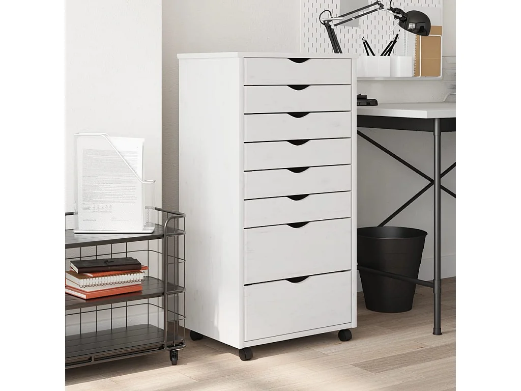 Armoire roulante avec tiroirs MOSS blanc bois de pin solide