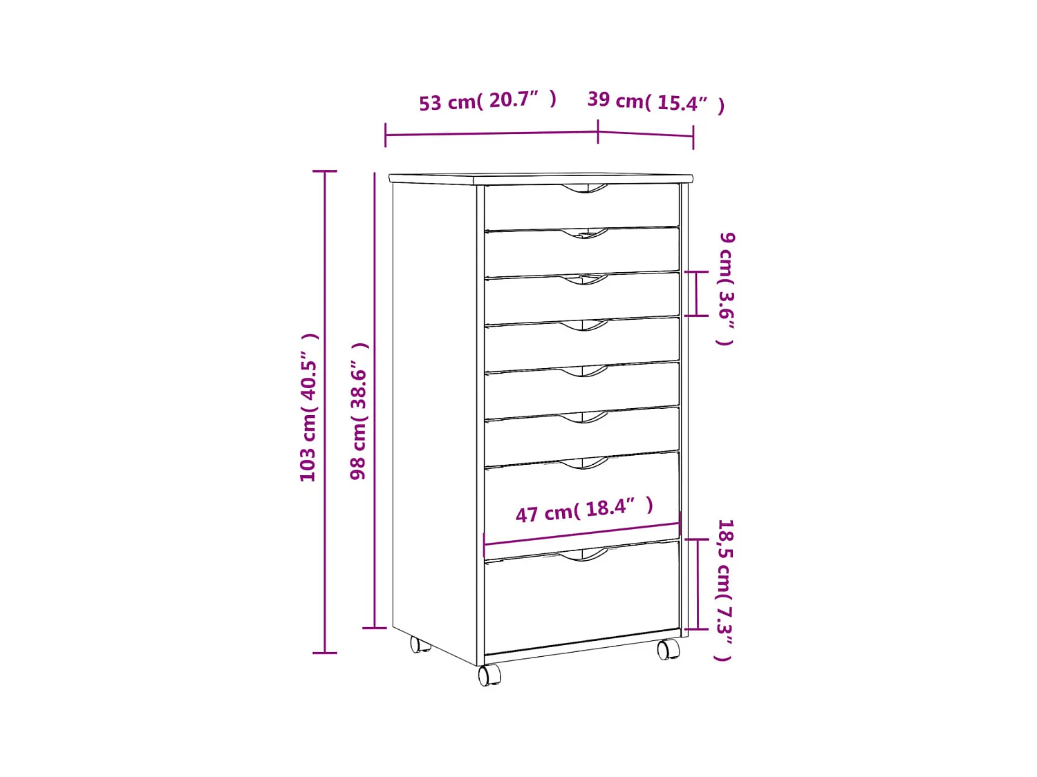Armoire roulante avec tiroirs MOSS blanc bois de pin solide