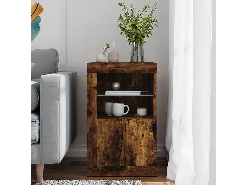 Armoire latérale avec lumières LED chêne fumé bois d'ingénierie