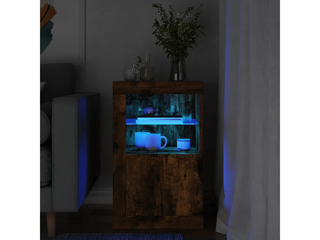 Armoire latérale avec lumières LED chêne fumé bois d'ingénierie
