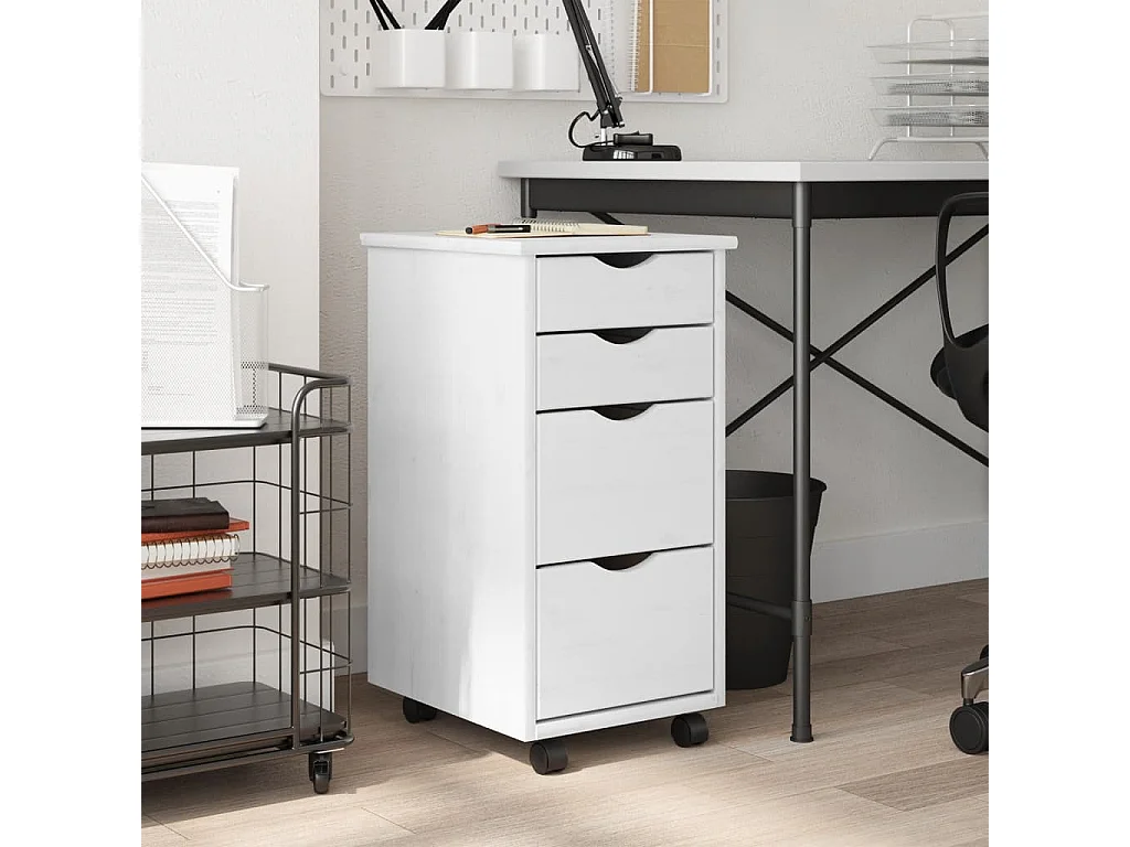Armoire roulante avec tiroirs MOSS blanc bois de pin solide