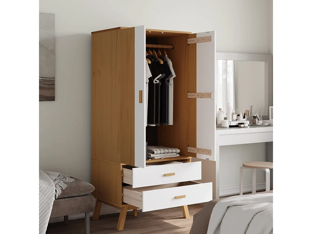 Garde-robe OLDEN blanc et marron 76,5x53x172 bois massif pin