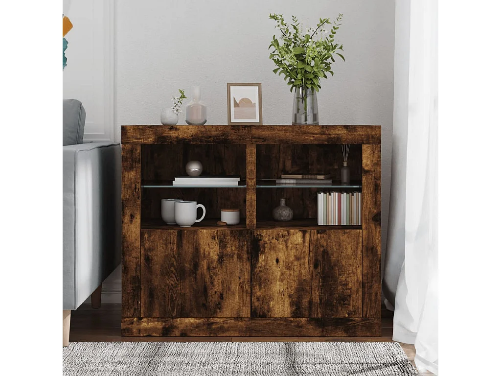 Armoires latérales et lumières LED 2 pcs chêne fumé