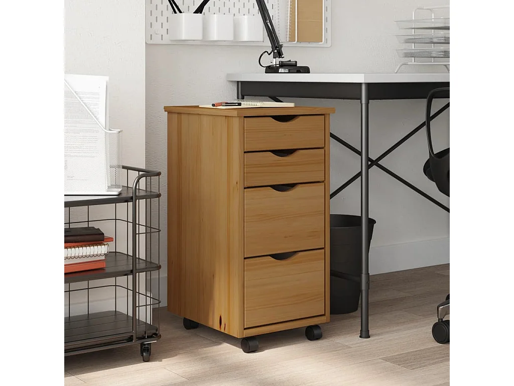 Armoire roulante avec tiroirs MOSS bois de pin marron miel