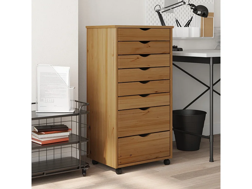 Armoire roulante avec tiroirs MOSS bois de pin marron miel