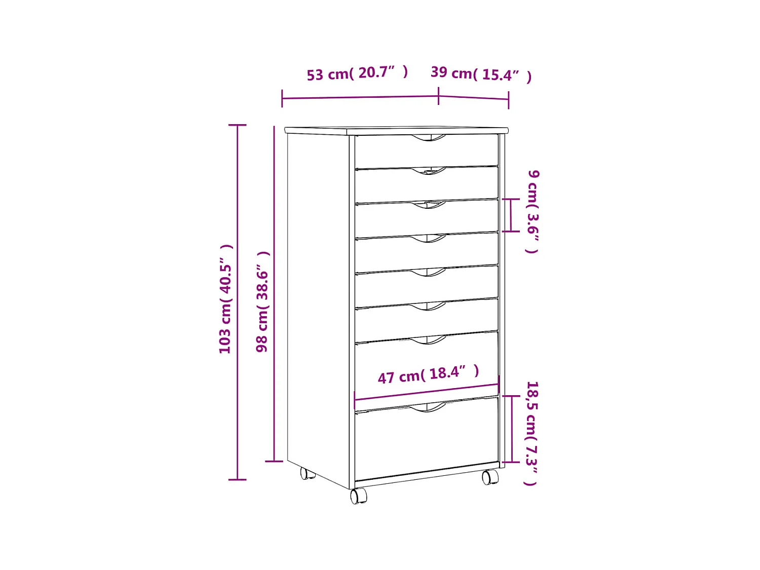 Armoire roulante avec tiroirs MOSS bois de pin marron miel