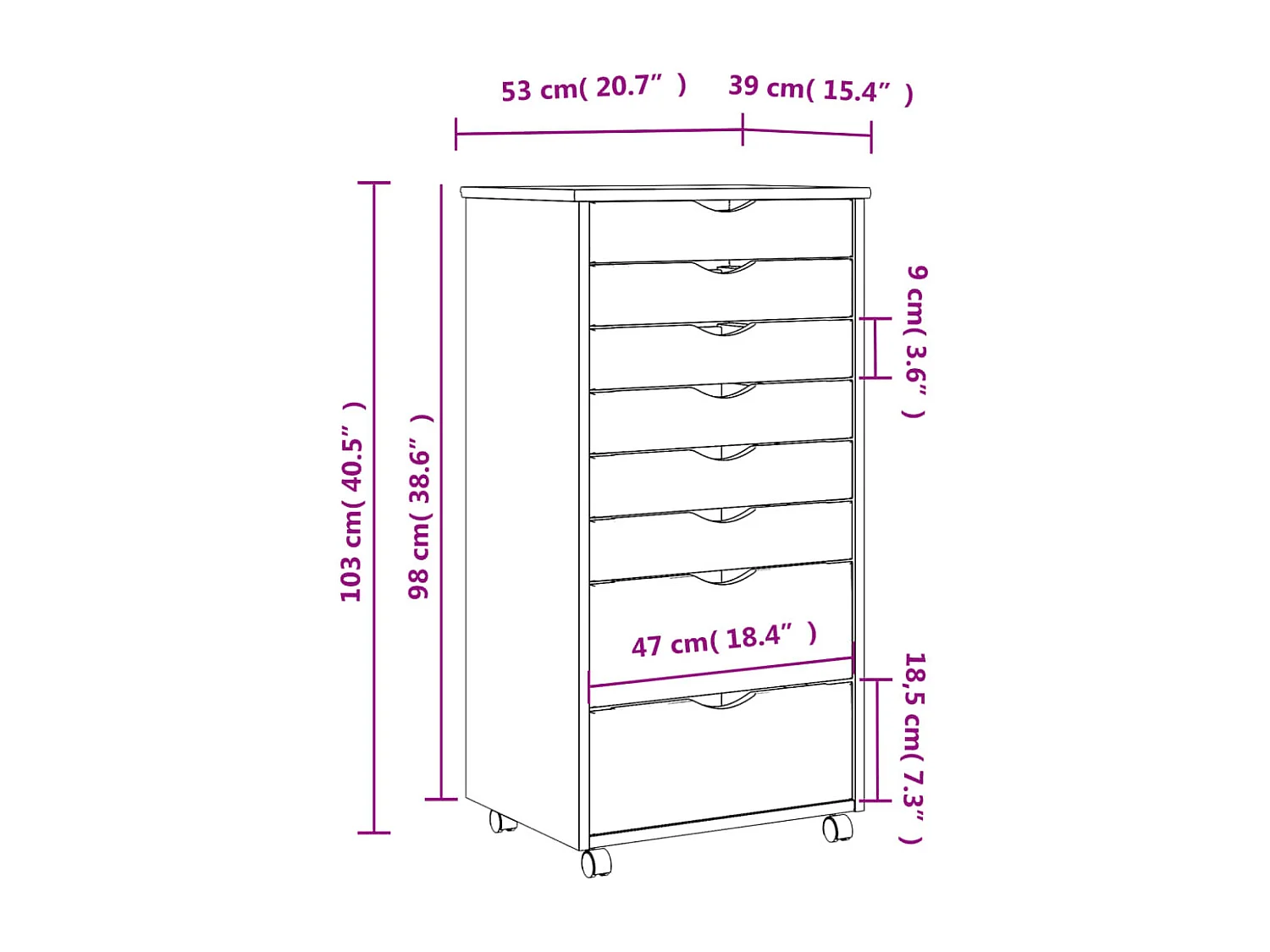 Armoire roulante avec tiroirs MOSS bois de pin marron miel