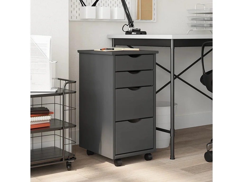 Armoire roulante avec tiroirs MOSS gris bois de pin solide