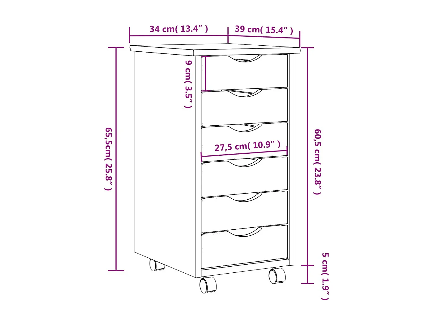 Armoire roulante avec tiroirs MOSS blanc bois de pin solide