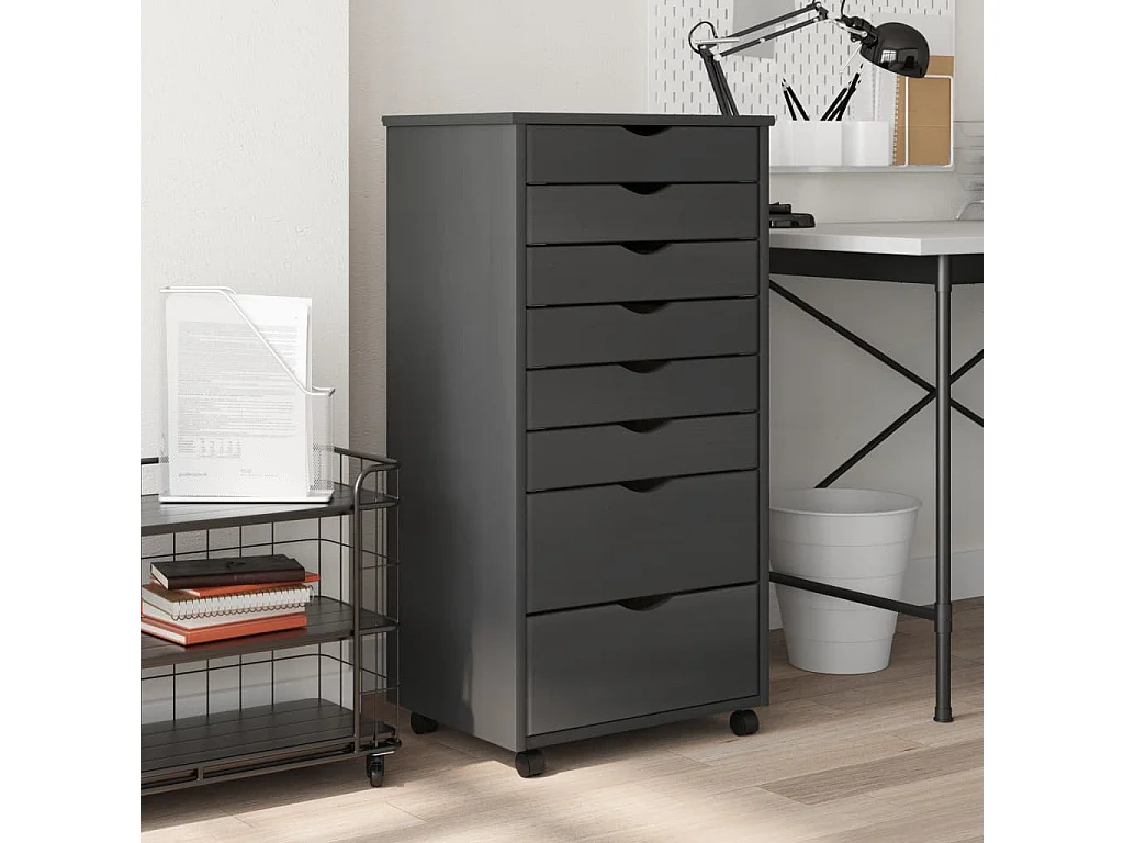 Armoire roulante avec tiroirs MOSS gris bois de pin solide