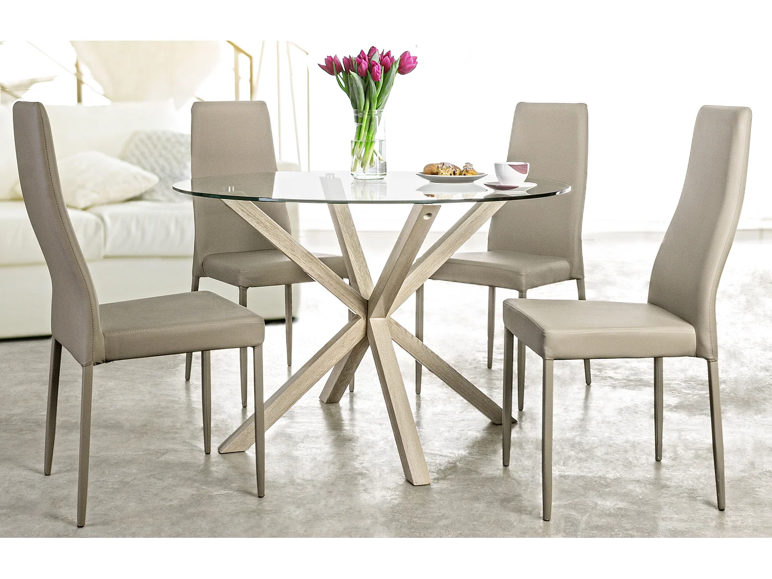 Table à manger ronde verre trempé et acier effet naturel Agno 114cm