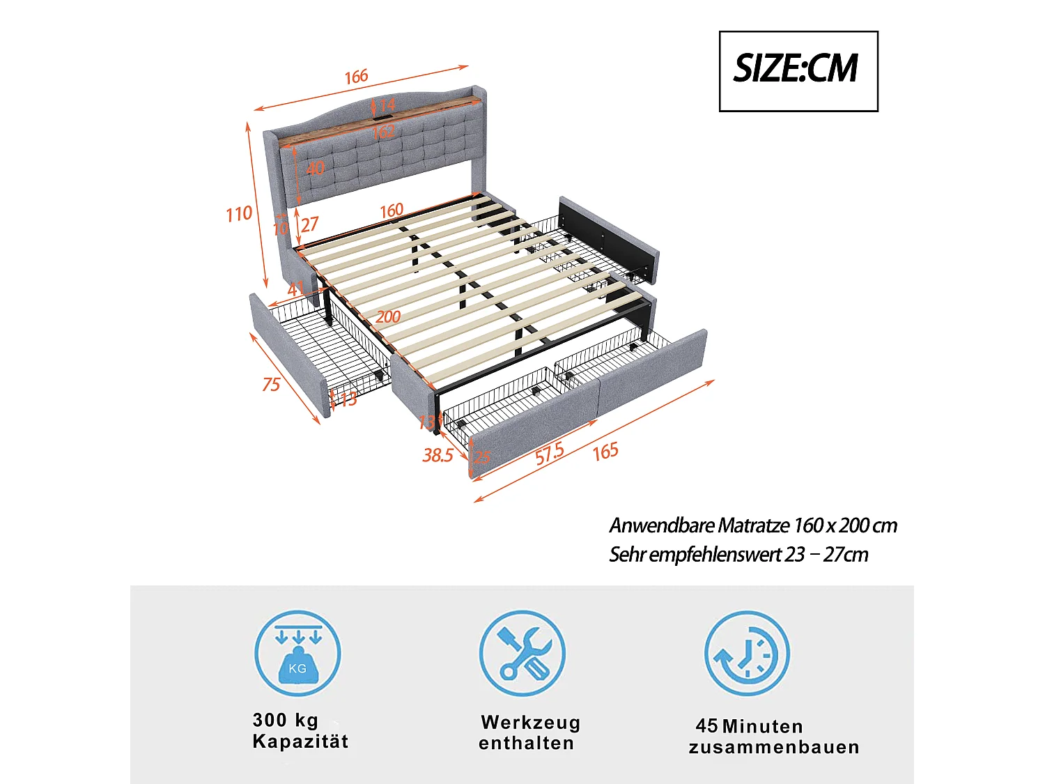 Gestoffeerd bed 160 x 200 cm met 4 lades en plank - USB-oplaadpoort - grijs