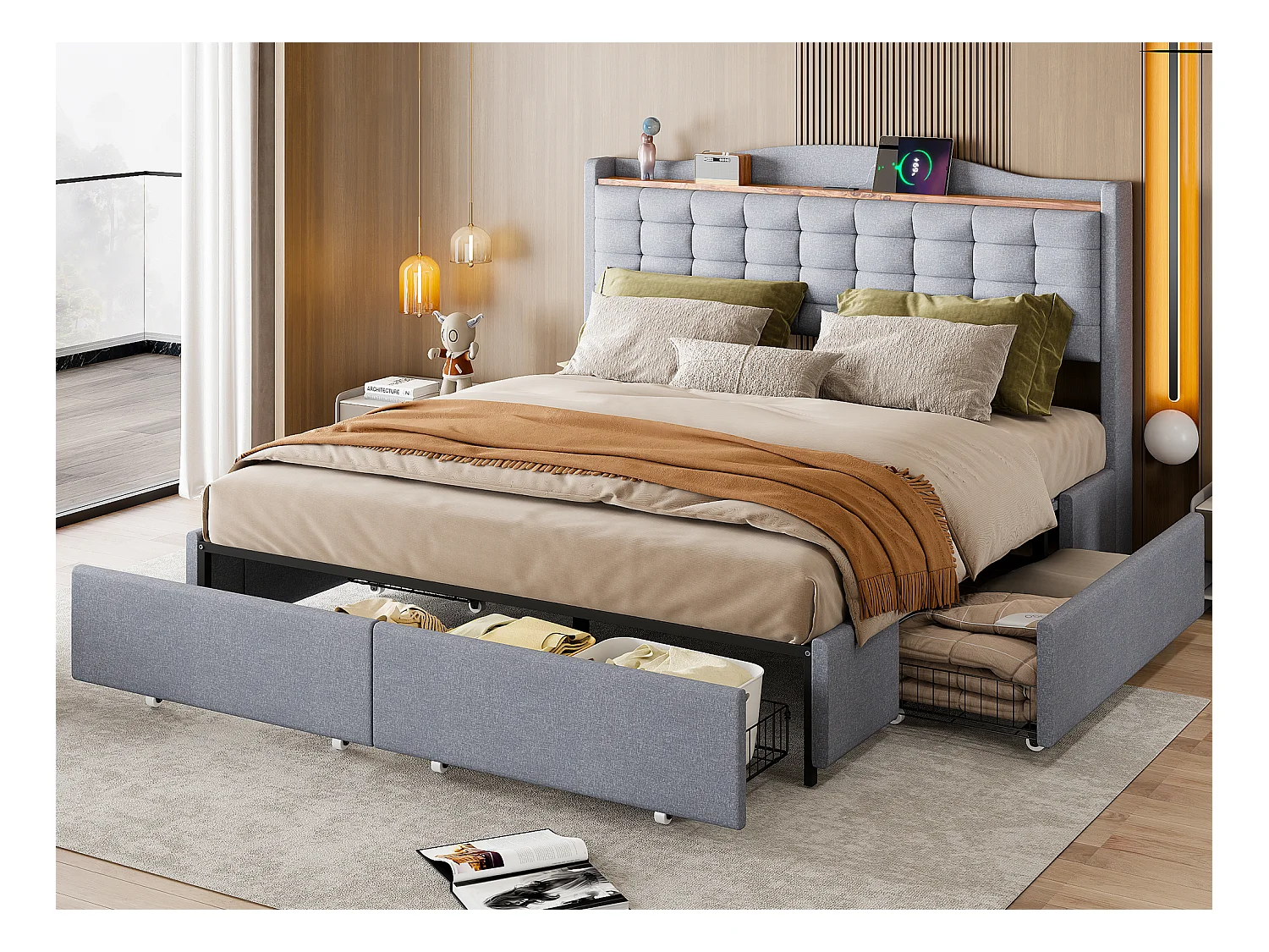 Letto imbottito 160 x 200 cm con 4 cassetti e ripiano - Porta di ricarica USB - grigio