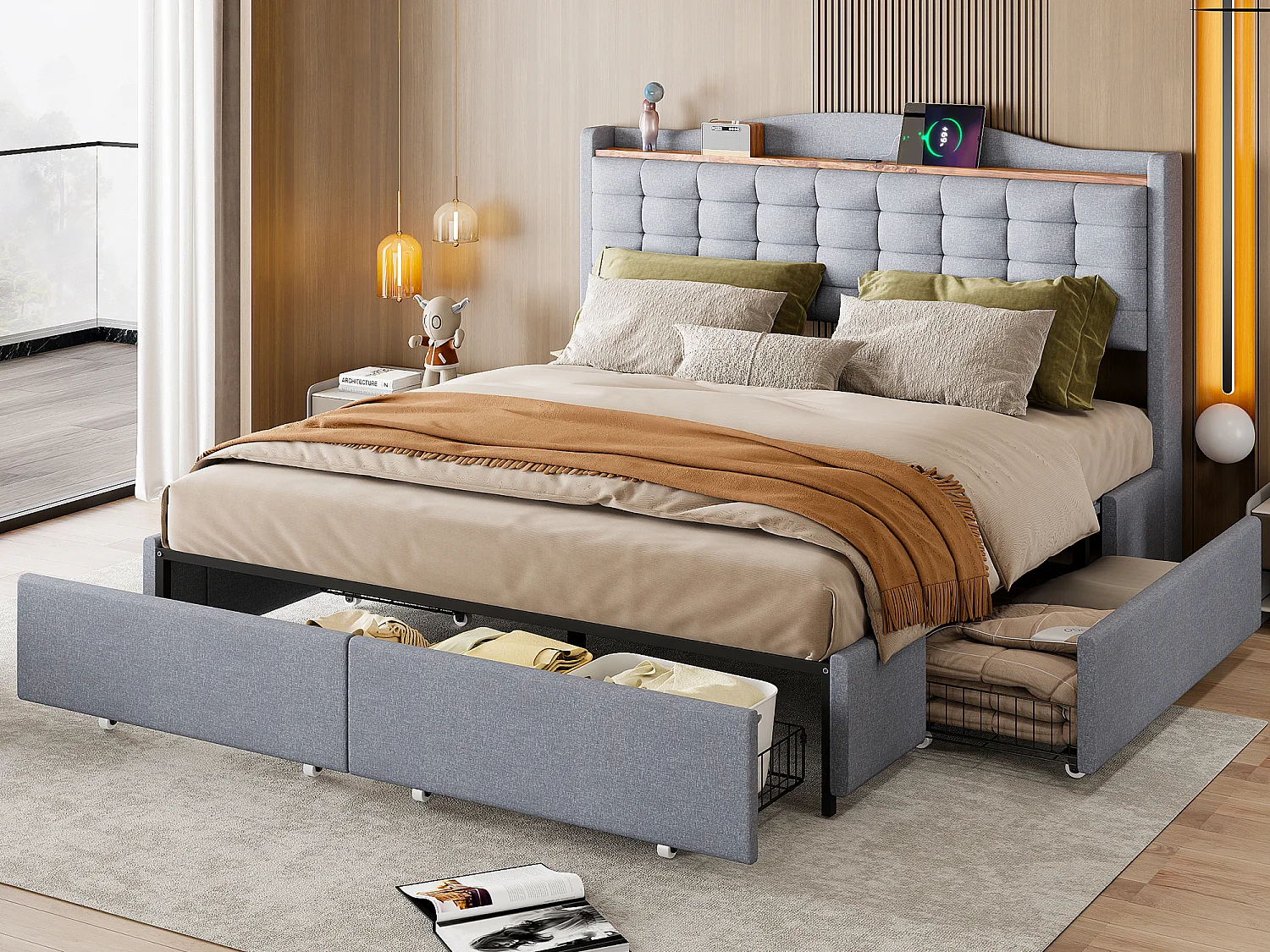 Lit capitonné 160 x 200 cm avec 4 tiroirs et étagère - port de recharge USB - gris