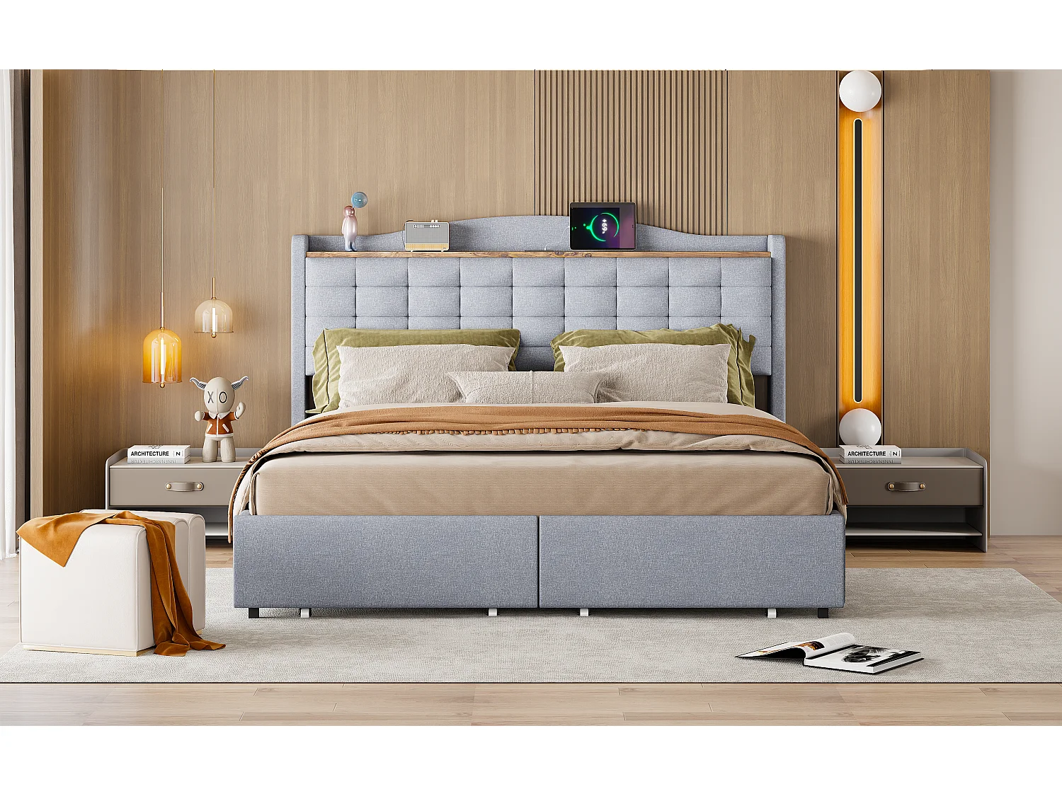 Lit capitonné 160 x 200 cm avec 4 tiroirs et étagère - port de recharge USB - gris