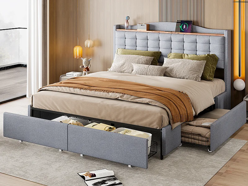 Lit capitonné 160 x 200 cm avec 4 tiroirs et étagère - port de recharge USB - gris