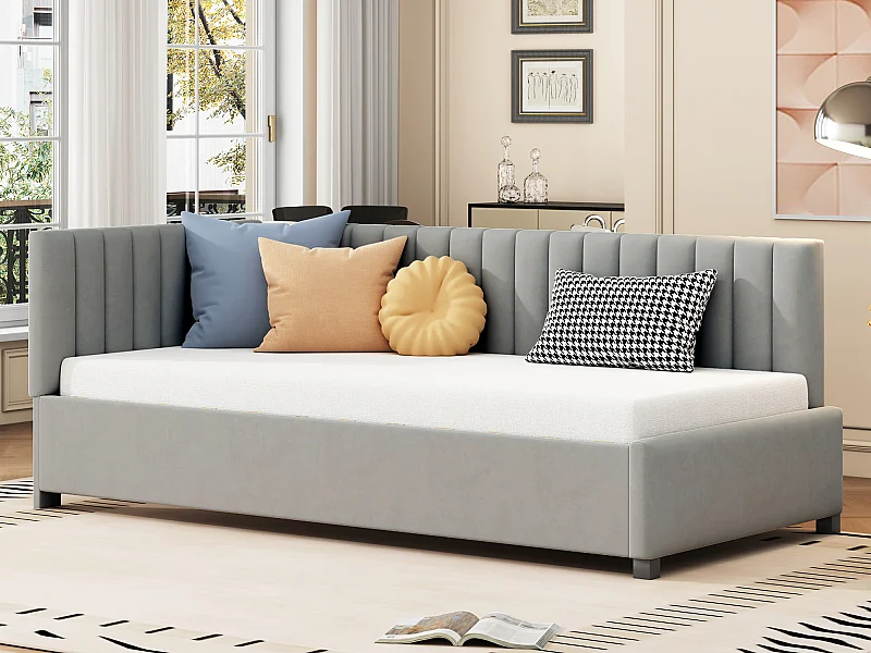 Kinderbett 90 x 200 cm – Schlafsofa – Samt – Lattenrost – Grau