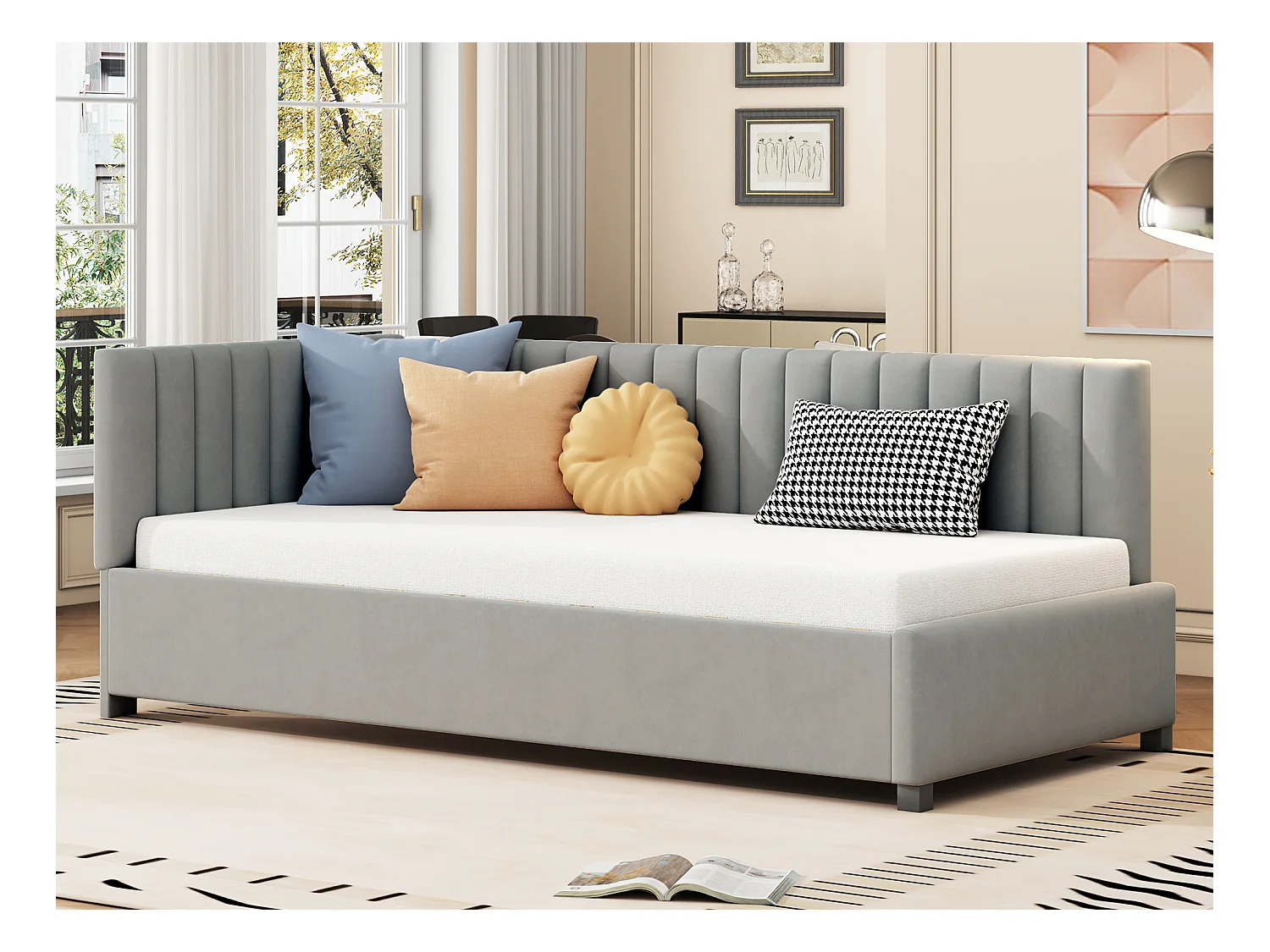 Kinderbett 90 x 200 cm – Schlafsofa – Samt – Lattenrost – Grau