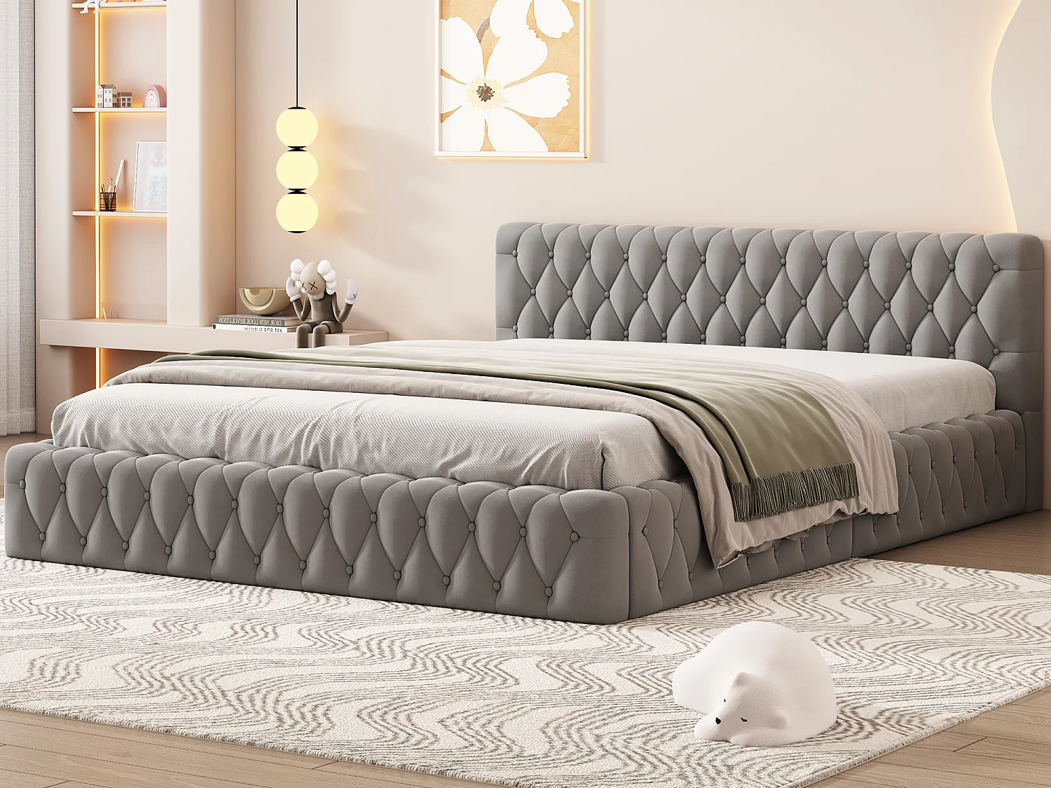 Cama de casal estofada 140 x 200 cm em veludo, estilo escandinavo, cor cinza