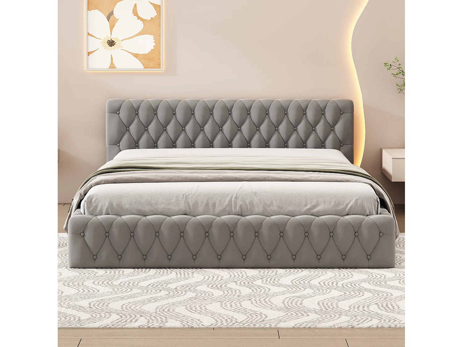 Cama de casal estofada 140 x 200 cm em veludo, estilo escandinavo, cor cinza