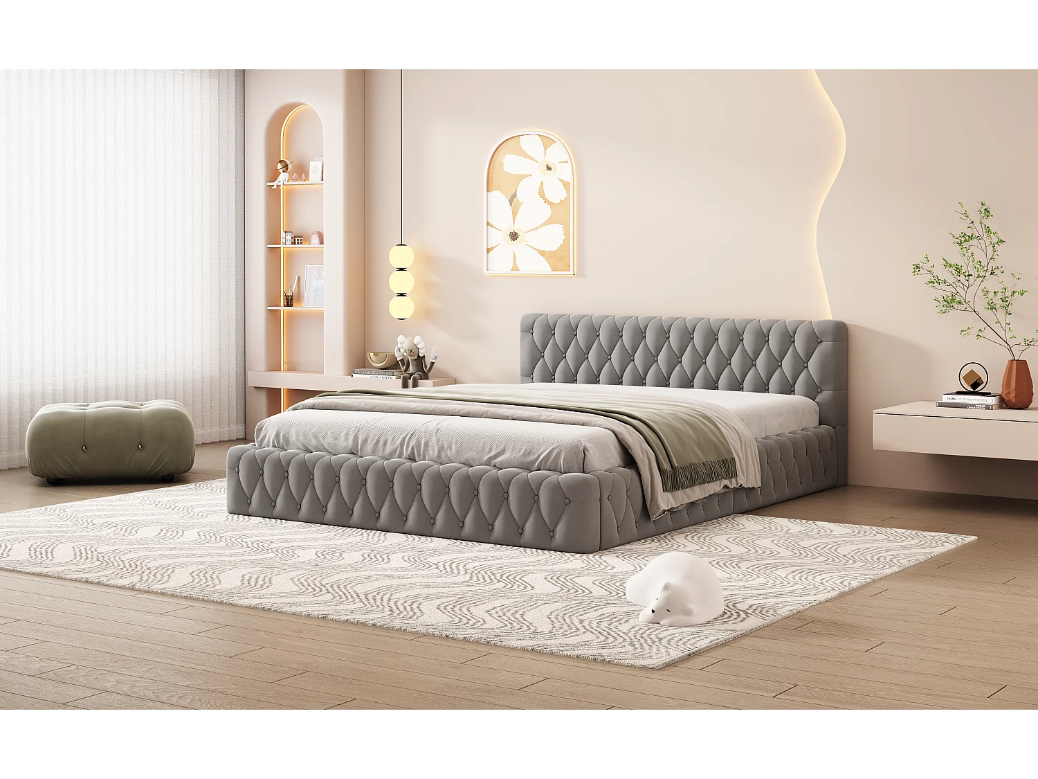 Cama de casal estofada 140 x 200 cm em veludo, estilo escandinavo, cor cinza