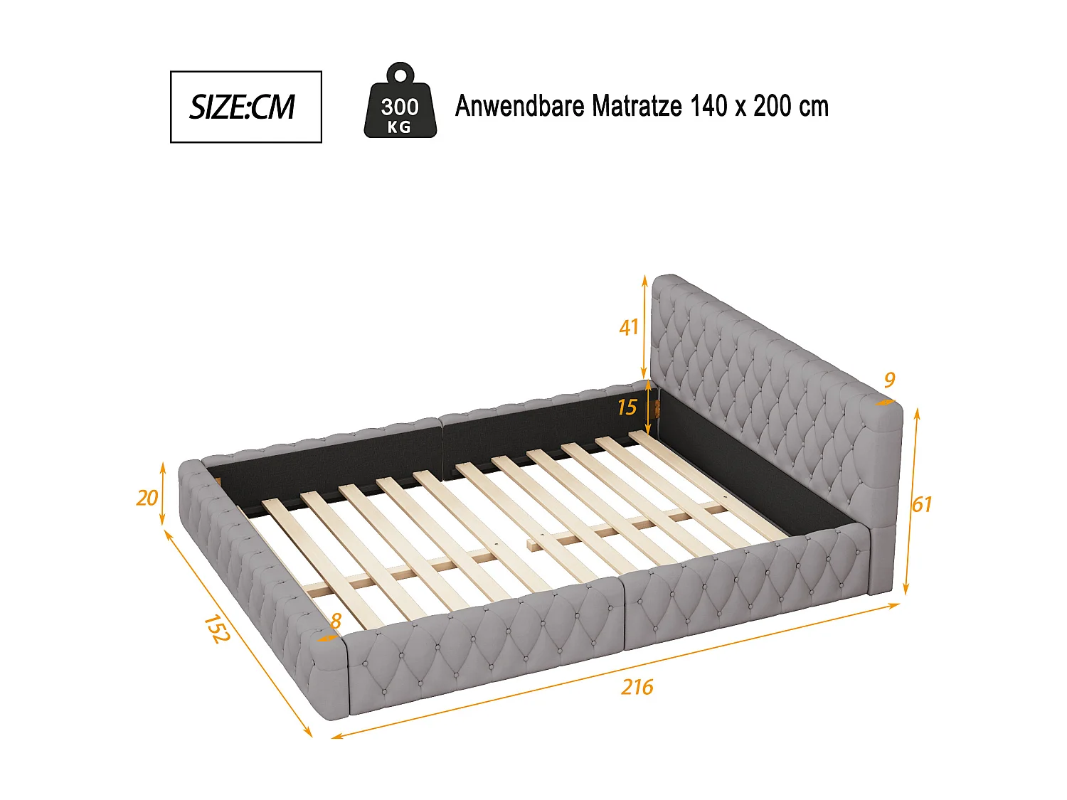 Cama de casal estofada 140 x 200 cm em veludo, estilo escandinavo, cor cinza