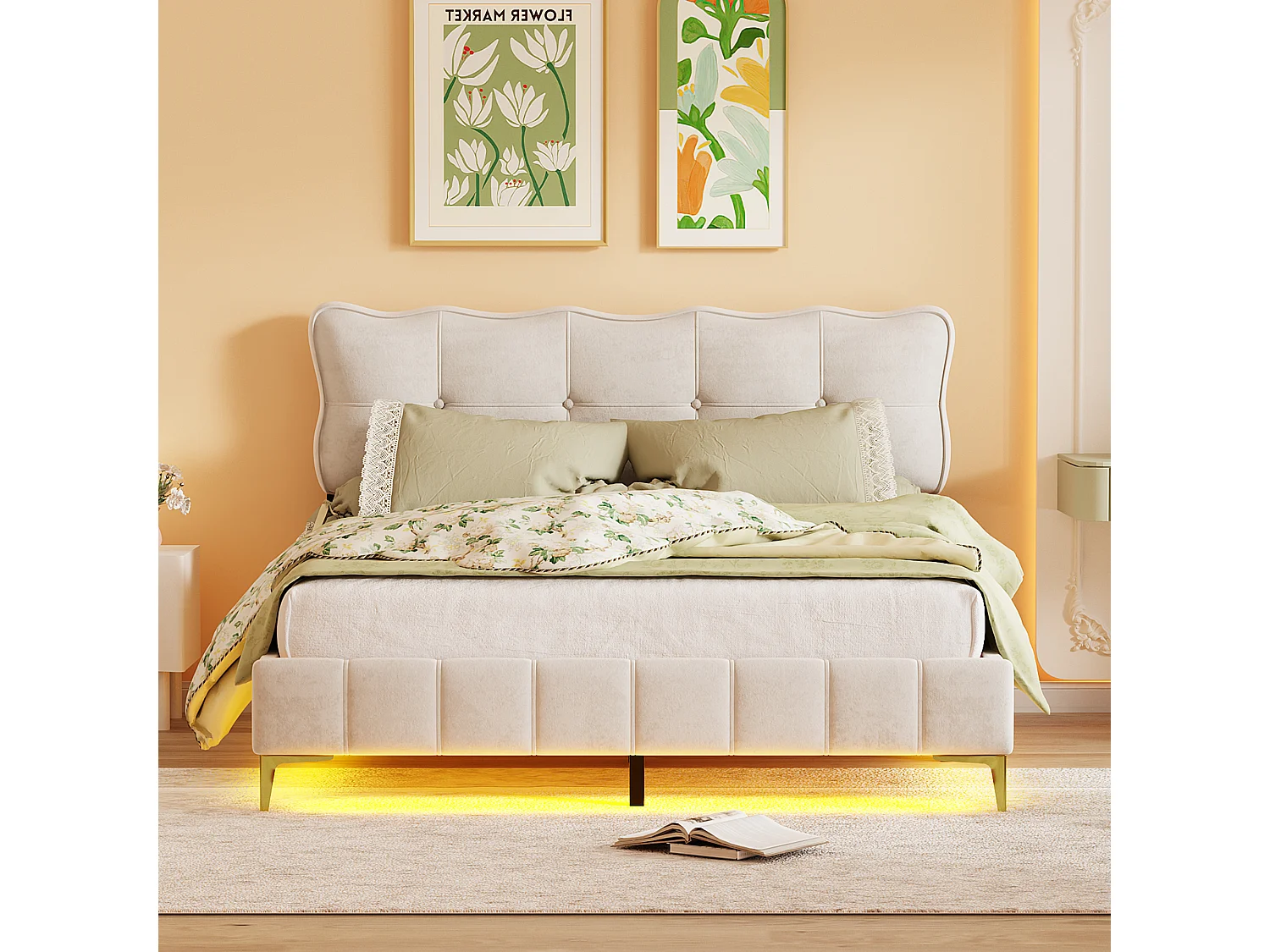 Polsterbett 160 x 200 cm mit Kopfteil – LEDs – Samt – Beige