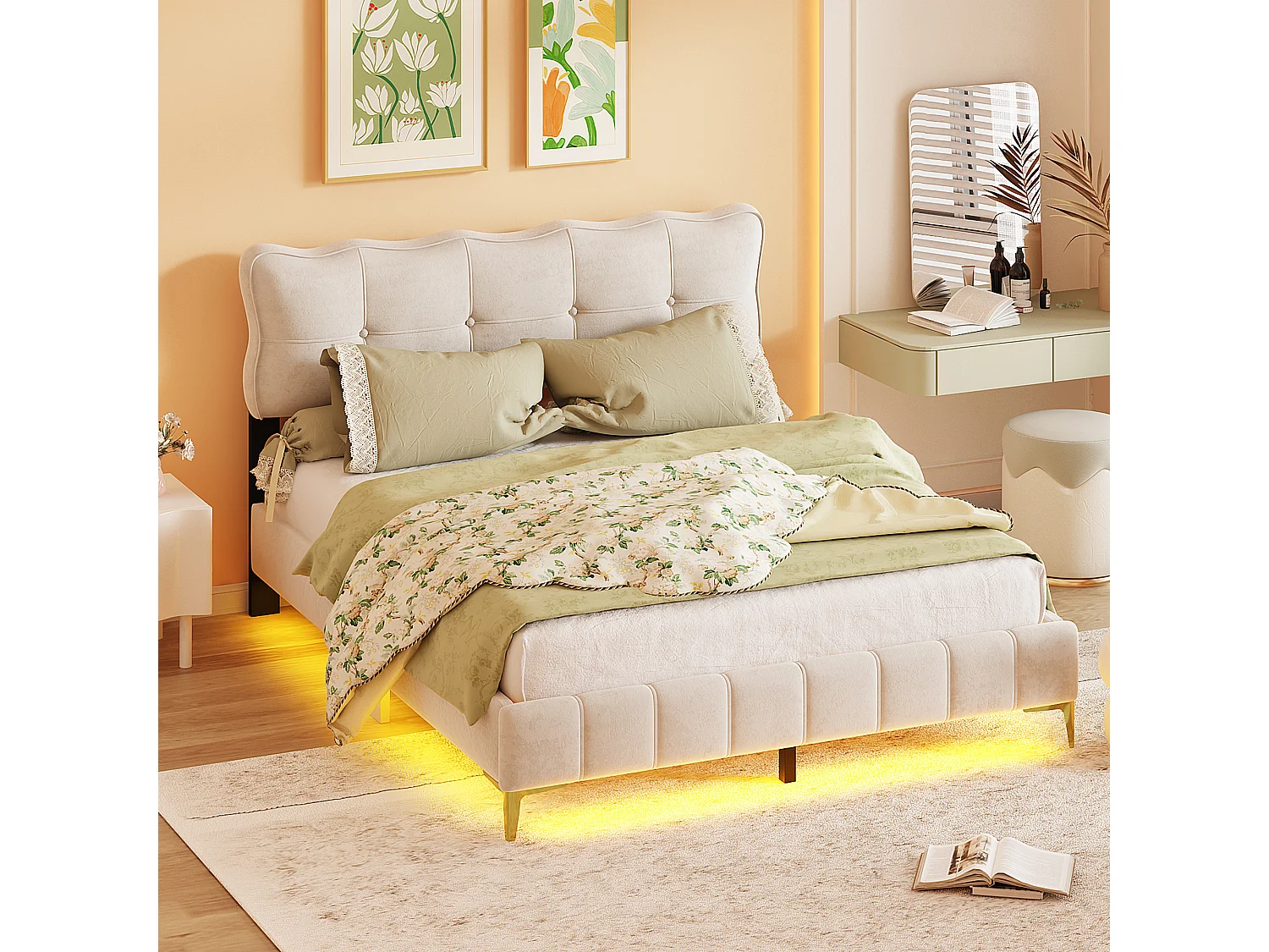 Polsterbett 160 x 200 cm mit Kopfteil – LEDs – Samt – Beige