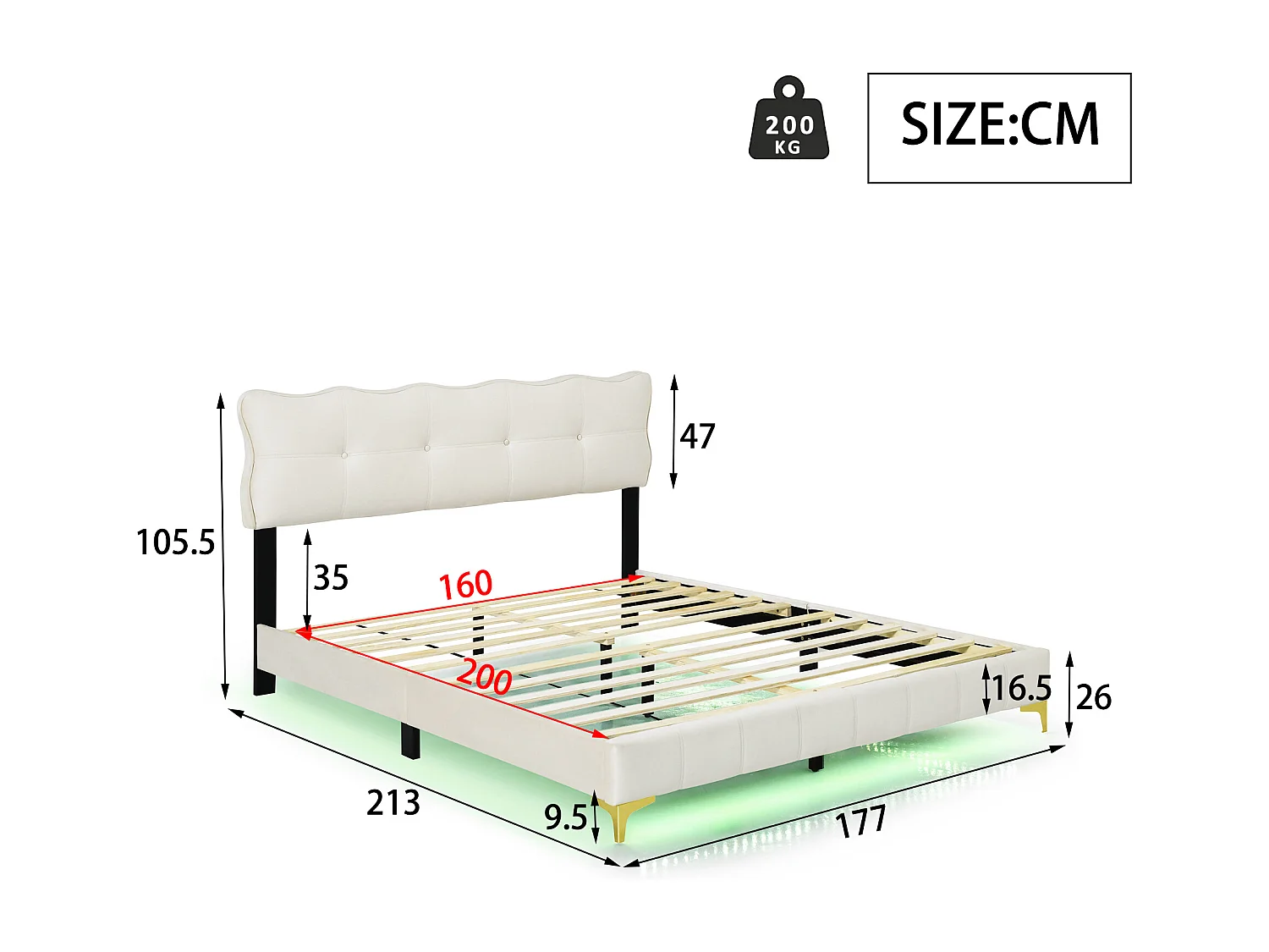 Polsterbett 160 x 200 cm mit Kopfteil – LEDs – Samt – Beige